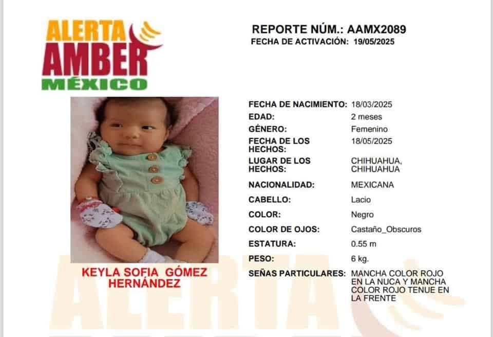 Lanzan Alerta Ámber por una bebé de 2 meses 