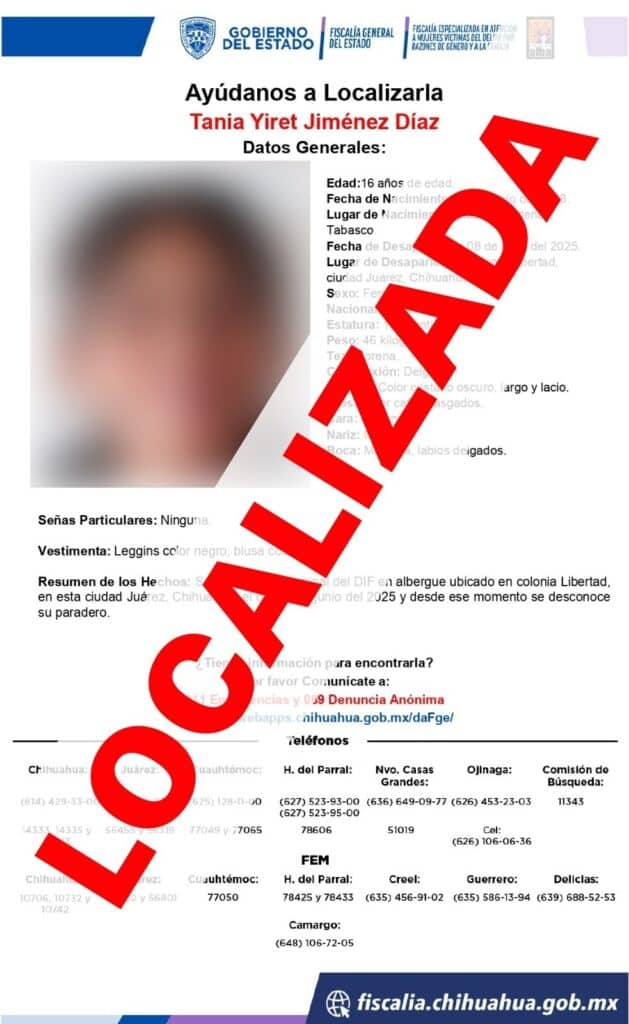 Localizan sana y salva a adolescente con reporte de ausencia en Cd. Juárez