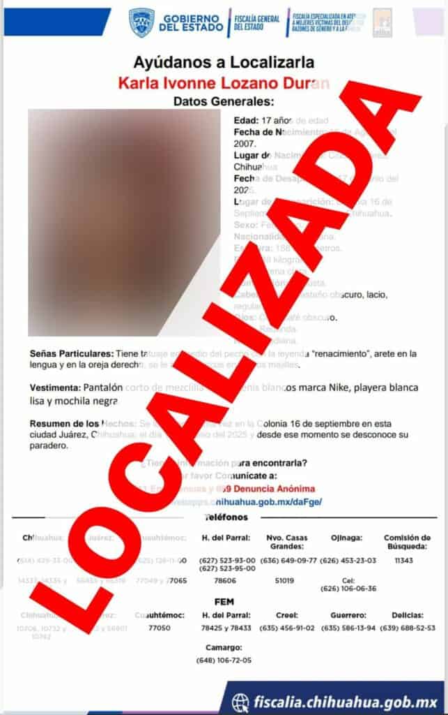 Localiza FEM sana y salva a menor de edad con reporte de ausencia en Ciudad Juárez
