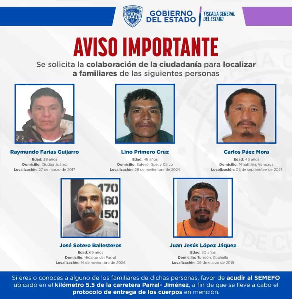 Solicita FGE apoyo para localizar a familiares de 5 fallecidos que se encuentran en el SEMEFO de Parral