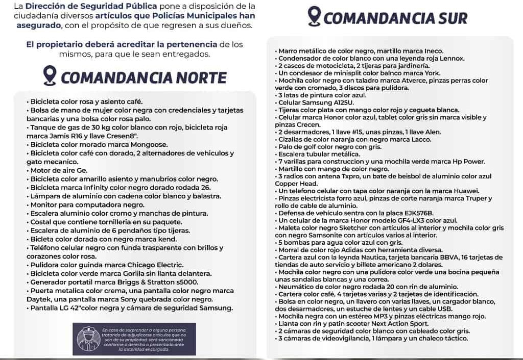 Difunde Policía Municipal lista de objetos recuperados para que sean reclamados sus dueños