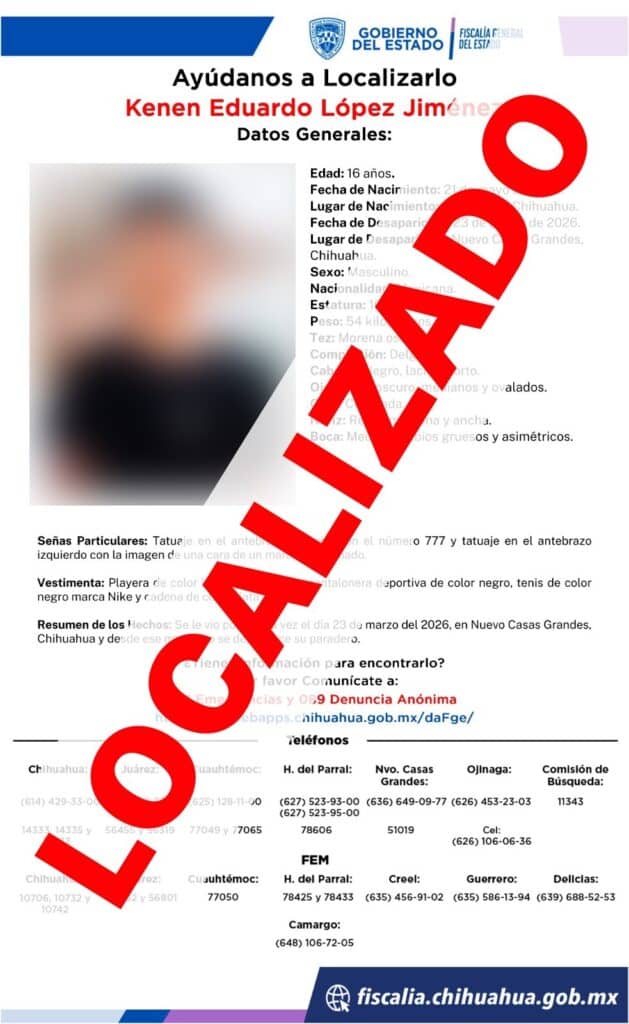 Localizan sano y salvo a adolescente reportado como ausente