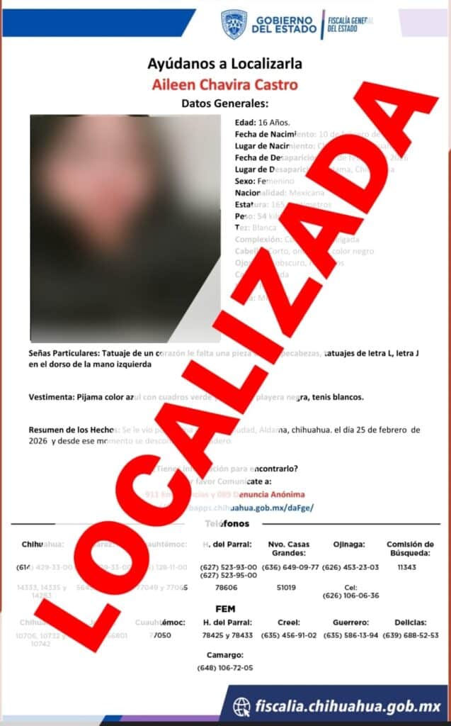 Localiza AEI sana y sana a menor de edad que se ausentó en Aldama