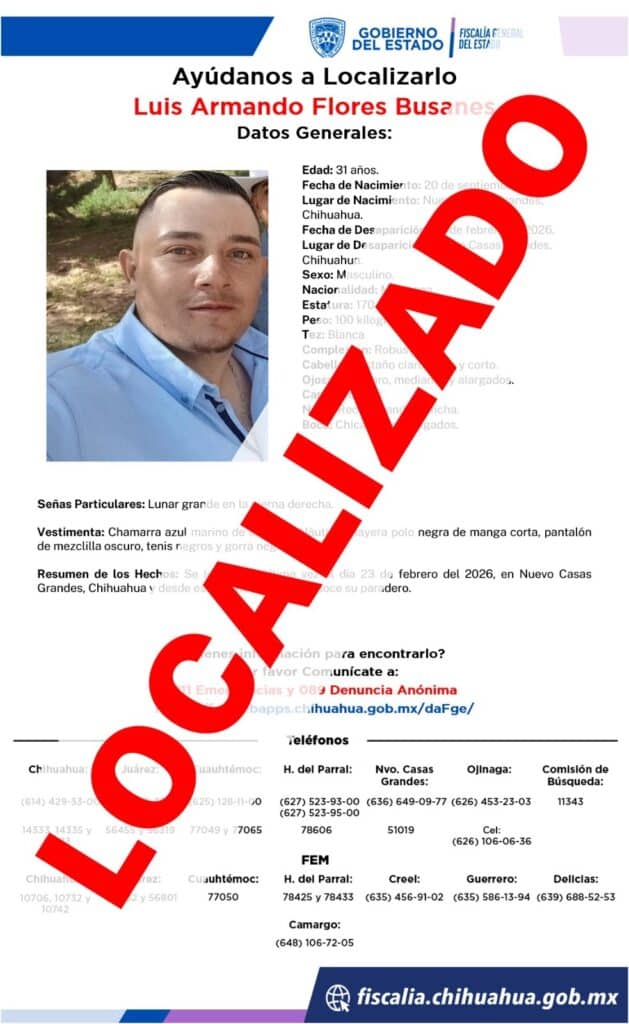 Localiza FGE a persona con reporte de no localización en Nuevo Casas Grandes